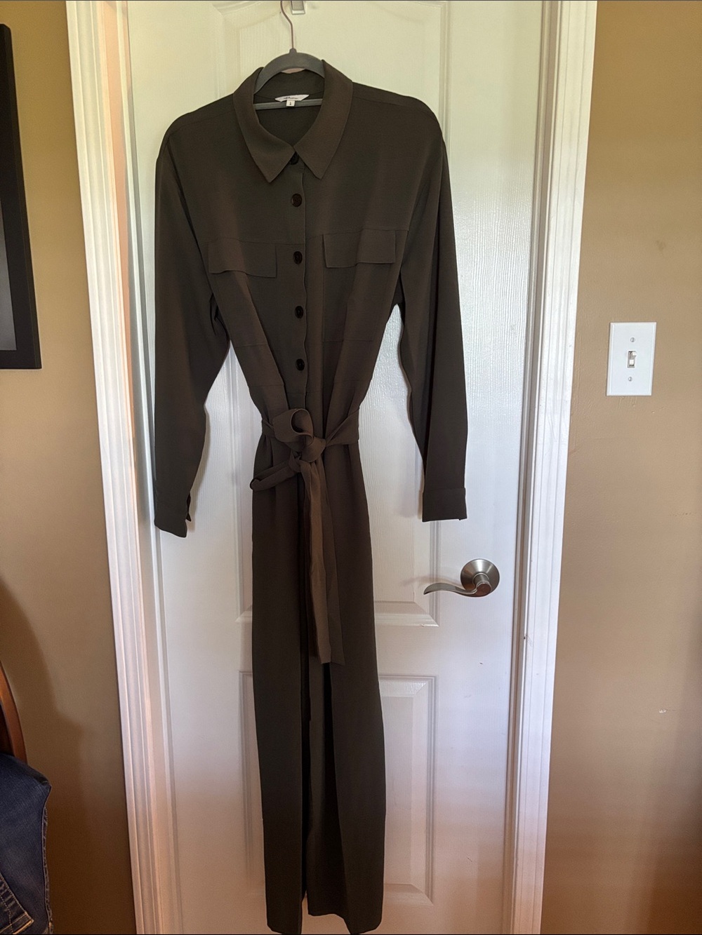Reitmans Olive Green Long Sleeve Jumpsuit with Waist Tie